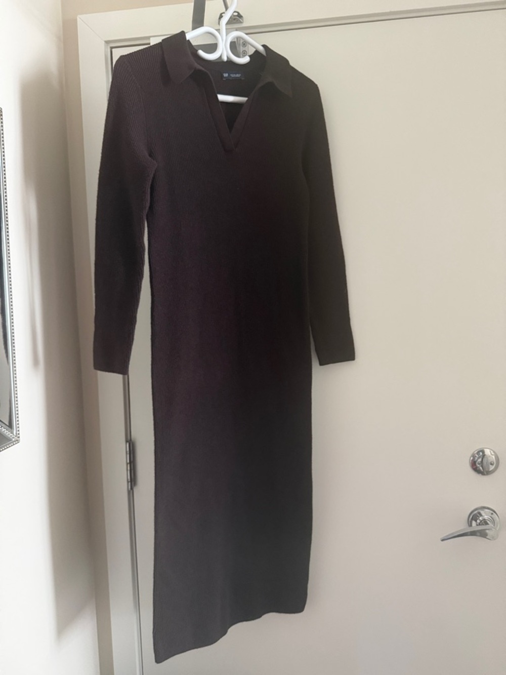 GAP Long Sleeve Polo Ribbed Knit Dress in Dark Brown